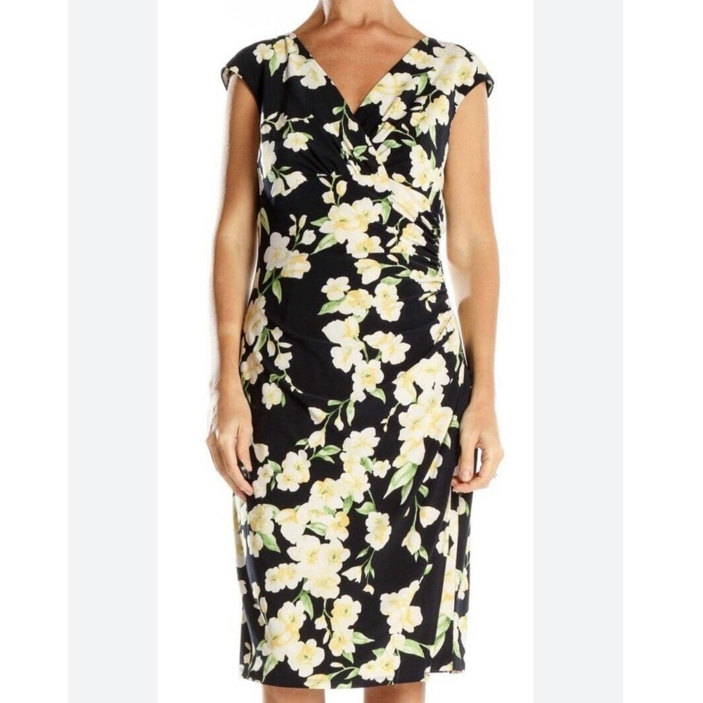 Ralph Lauren Navy Yellow Floral Faux Wrap Sleeveless Stretch Sheath Dress Size 8